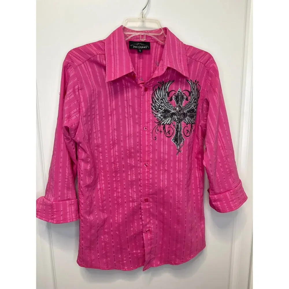 Jaguarrs small vintage hot pink button down 3/4 sleeves cross wings bejeweled